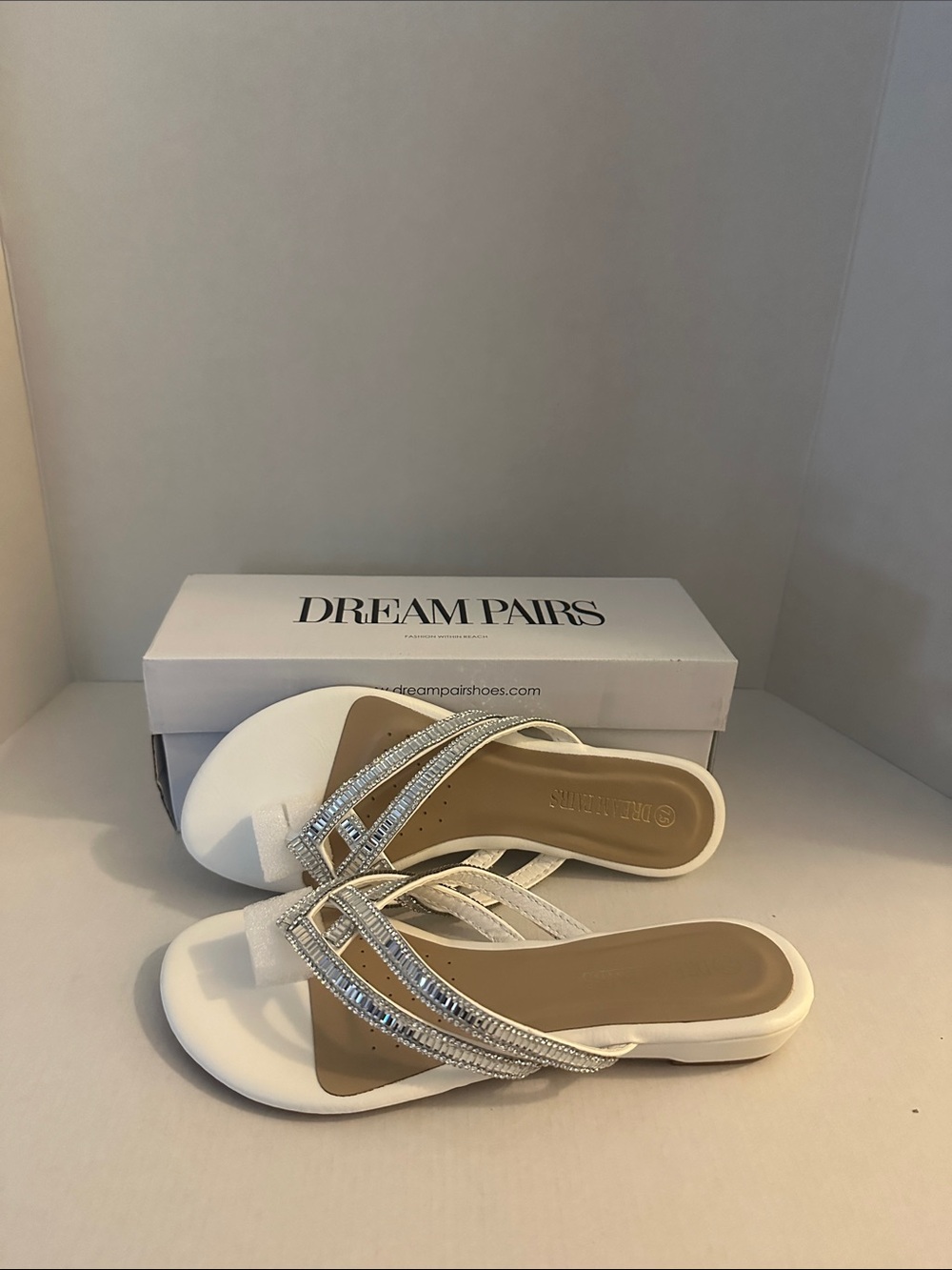 Dream Pairs White Rhinestone T-Strap Slide Sandals